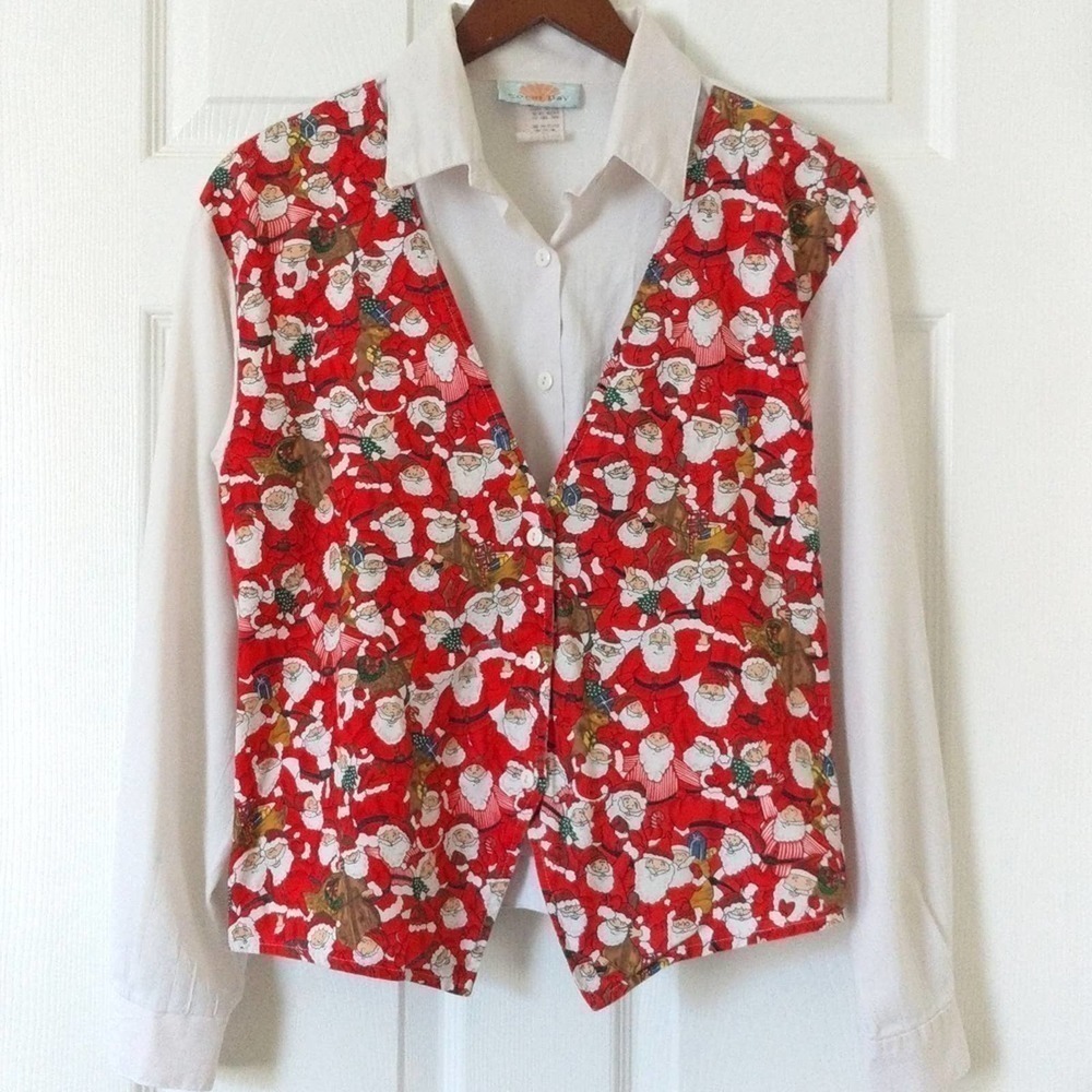 Coral Bay Vintage Holiday Santa Long Sleeve Button Down Vest Top White Red M